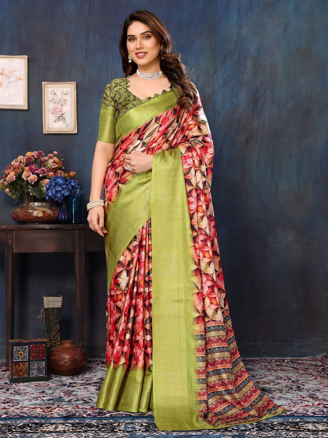 Panzora Woven Design Ethnic Motifs Printed Saree, Green