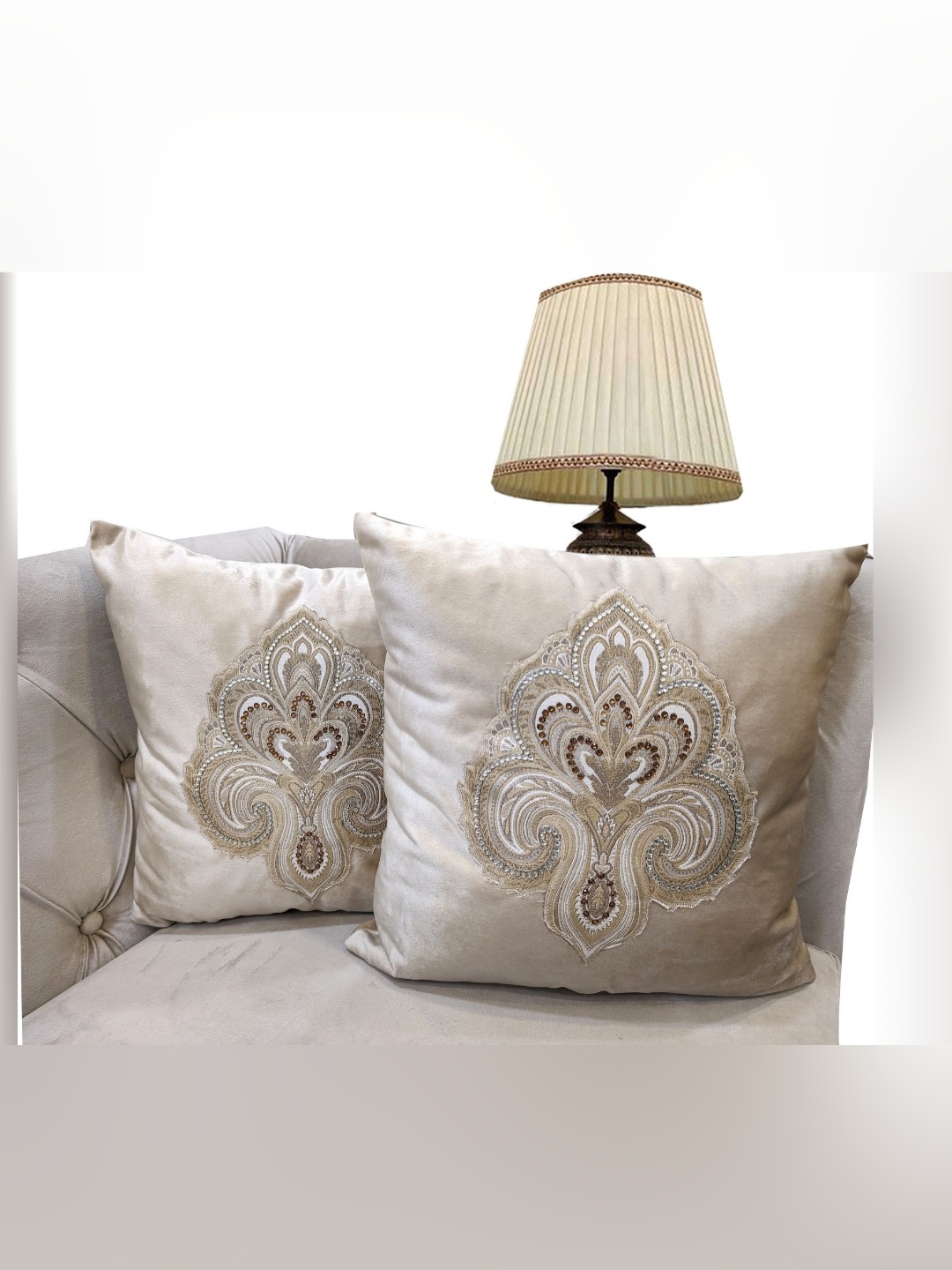 

Good Vibes Beige & Silver-Toned 2 Pieces Embroidered Velvet Square Cushion Covers