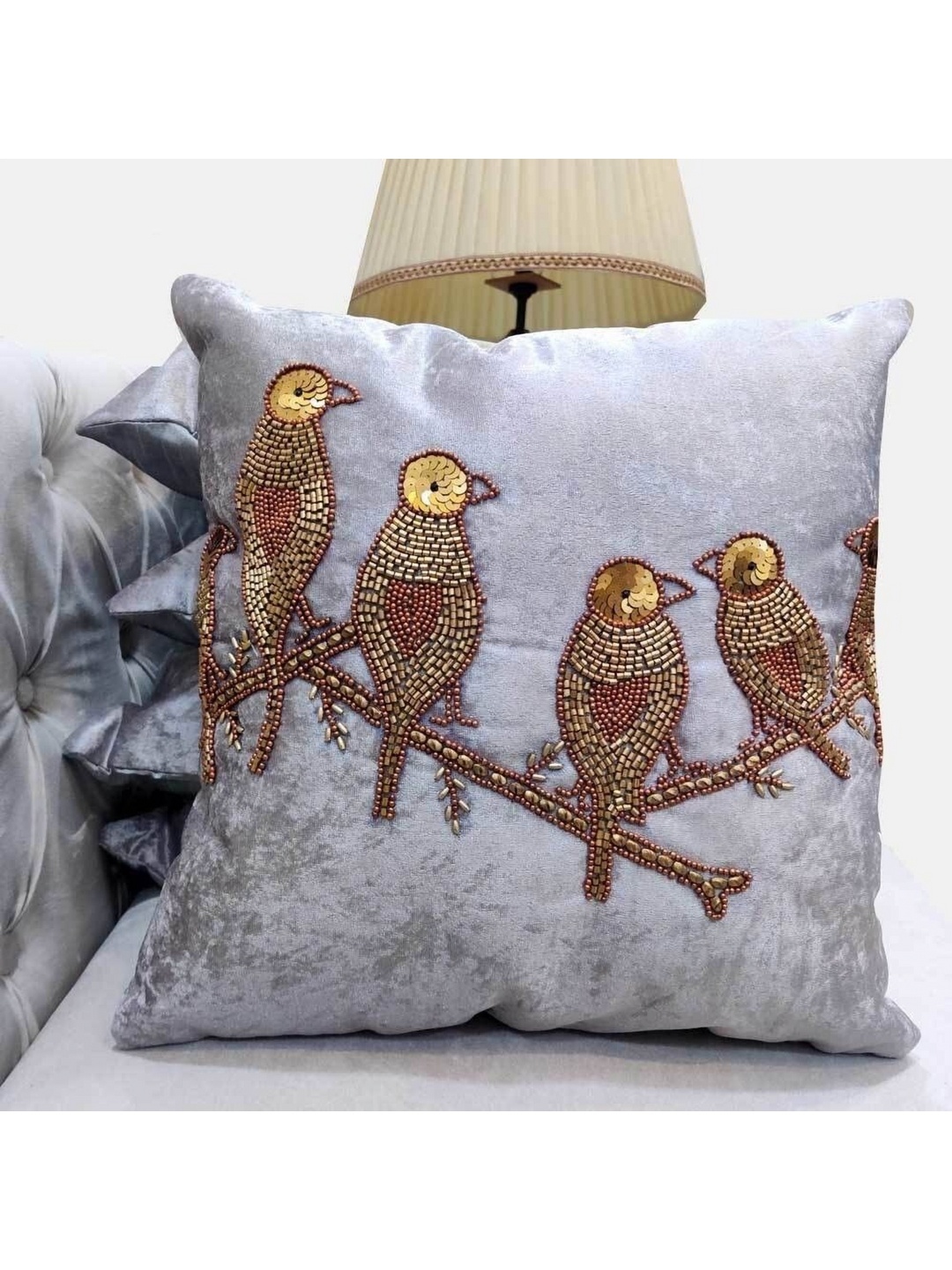 

Good Vibes Grey & Gold Toned Embellished Square Cushion Cover