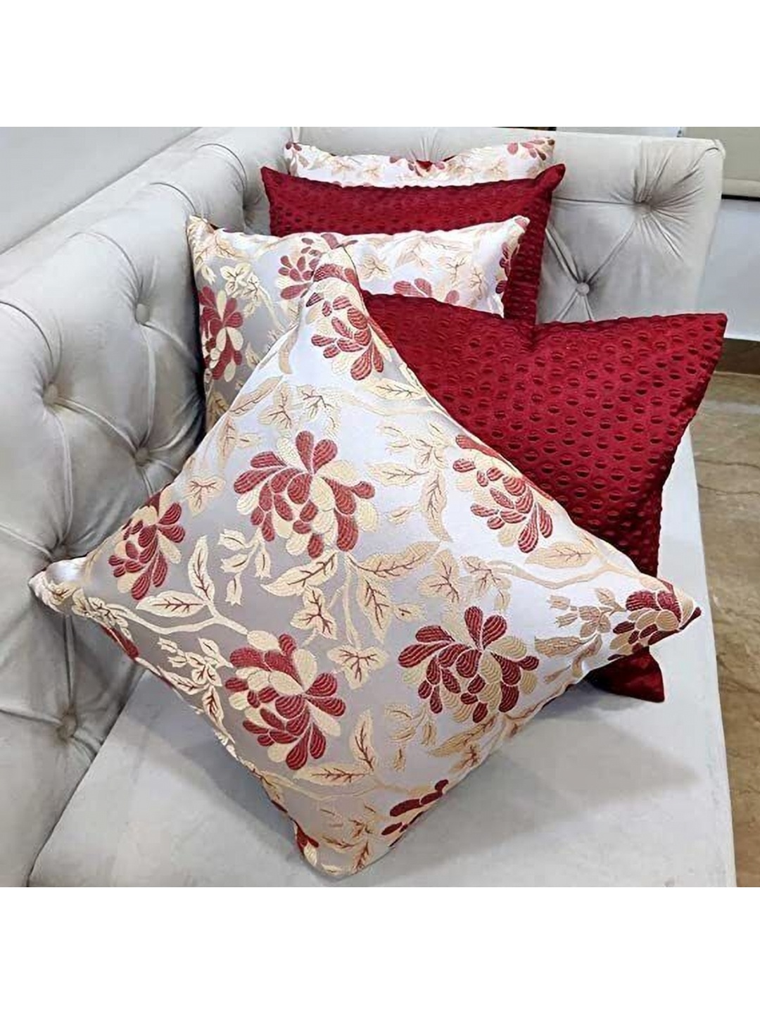 

Good Vibes Off White & Maroon 5 Pieces Floral Square Cushion Covers