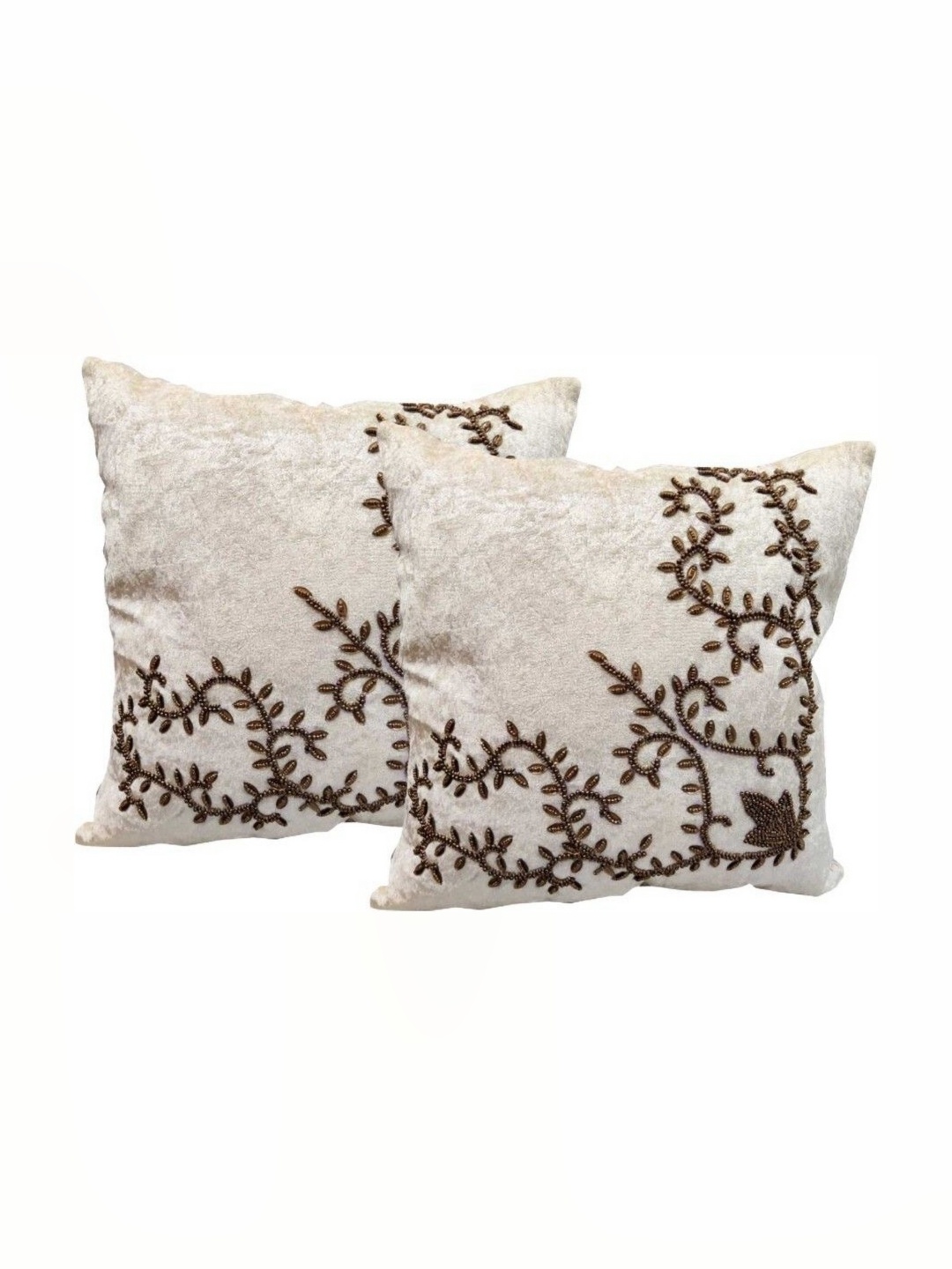 

Good Vibes Cream & Gold Toned 2 Pieces Embroidered Velvet Square Cushion Covers