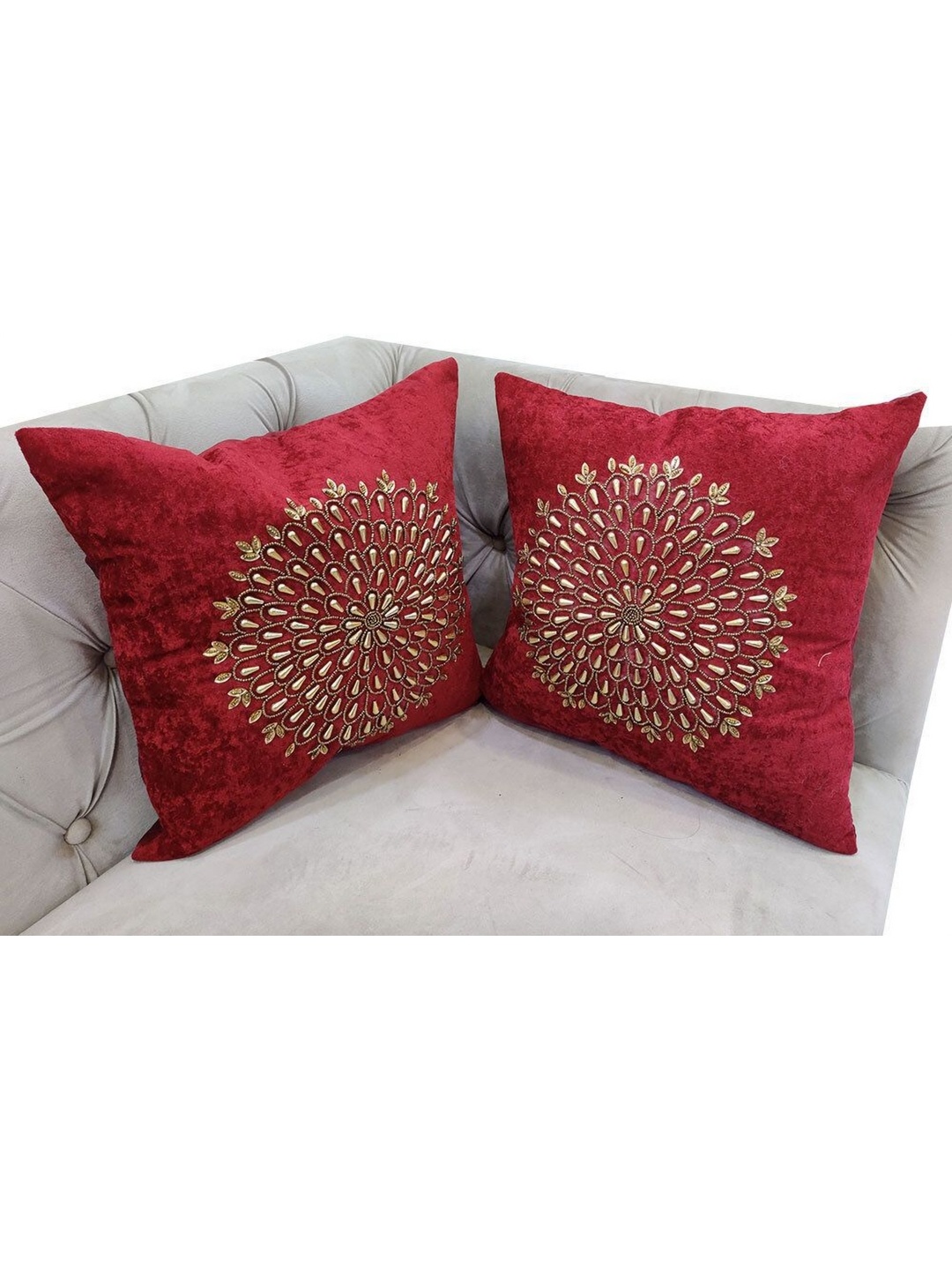 

Good Vibes Maroon & Gold Toned 2 Pieces Embroidered Velvet Square Cushion Covers