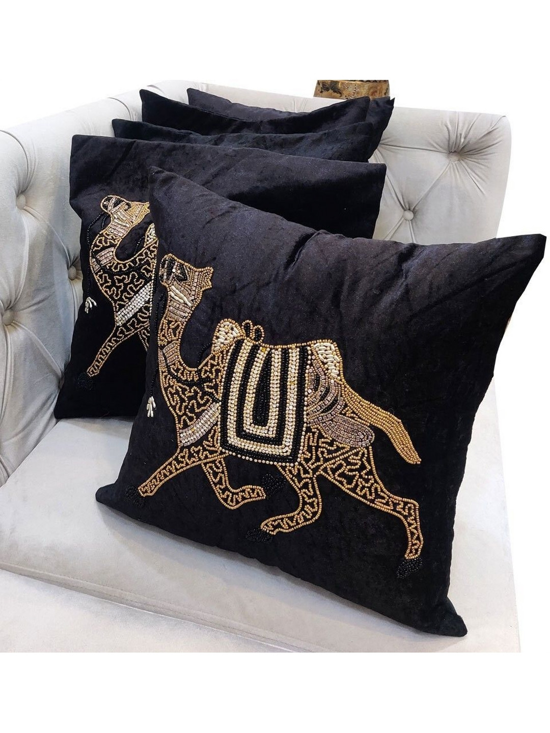 

Good Vibes Black & Gold Toned 5 Pieces Embroidered Velvet Square Cushion Covers