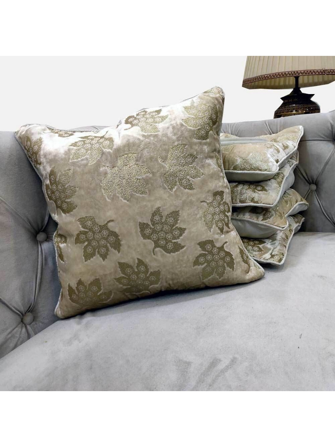 

Good Vibes Gold Toned & Beige 5 Pieces Embroidered Velvet Square Cushion Covers