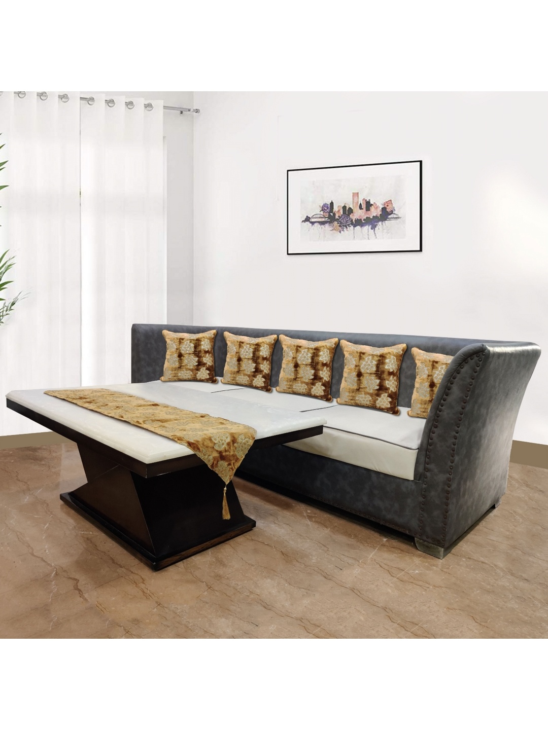 

Good Vibes Brown & Silver-Toned 5 Pieces Self Design Zari Velvet Square Cushion Covers