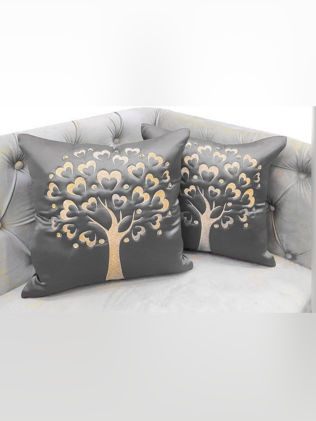 

Good Vibes Grey & Cream 2 Pieces Embroidered Velvet Square Cushion Covers