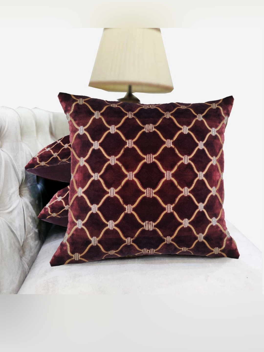 

Good Vibes Brown & Gold-Toned 3 Pieces Embroidered Zari Velvet Square Cushion Covers
