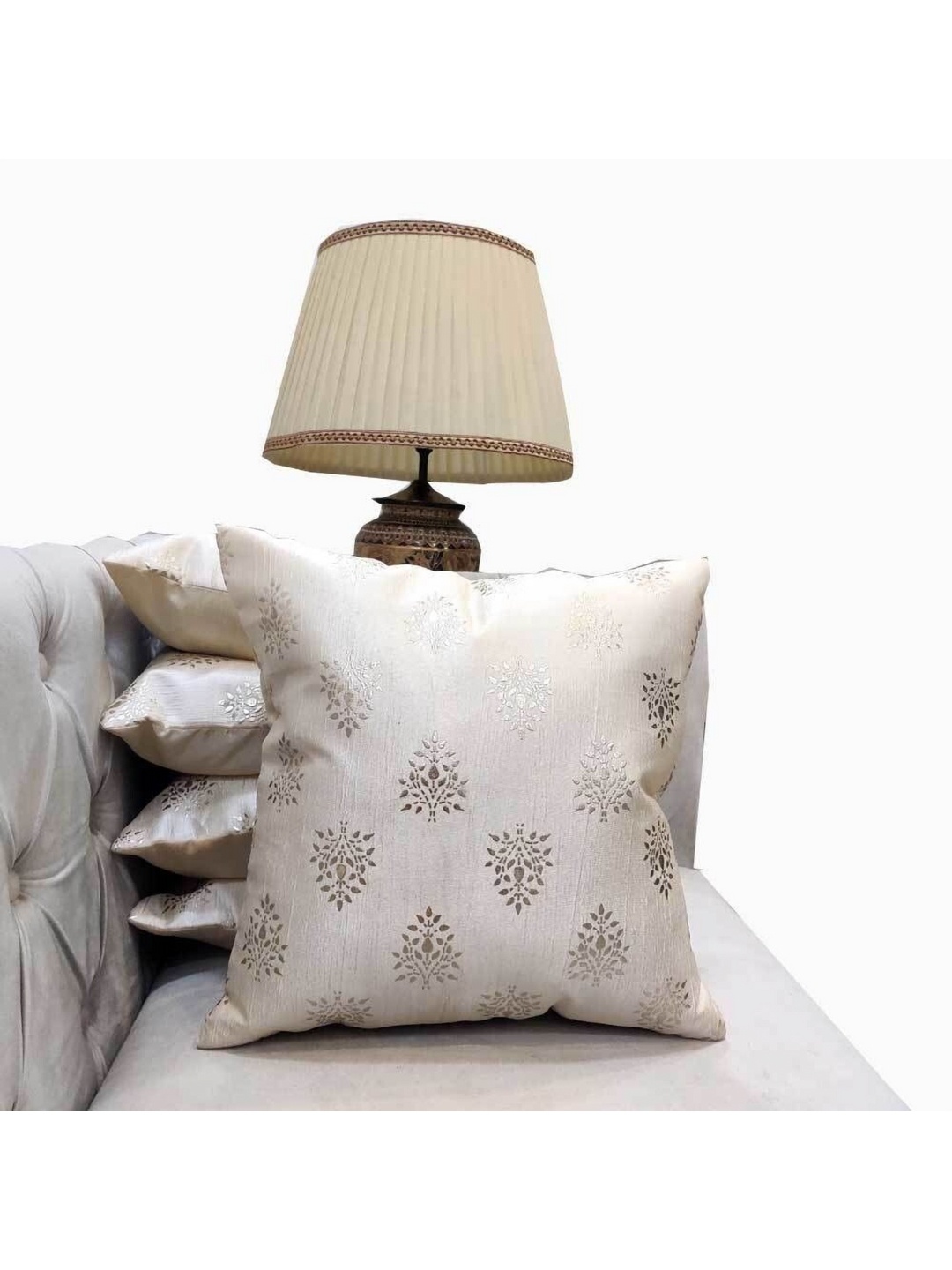 

Good Vibes White & Silver-Toned 5 Pieces Floral Silk Square Cushion Covers