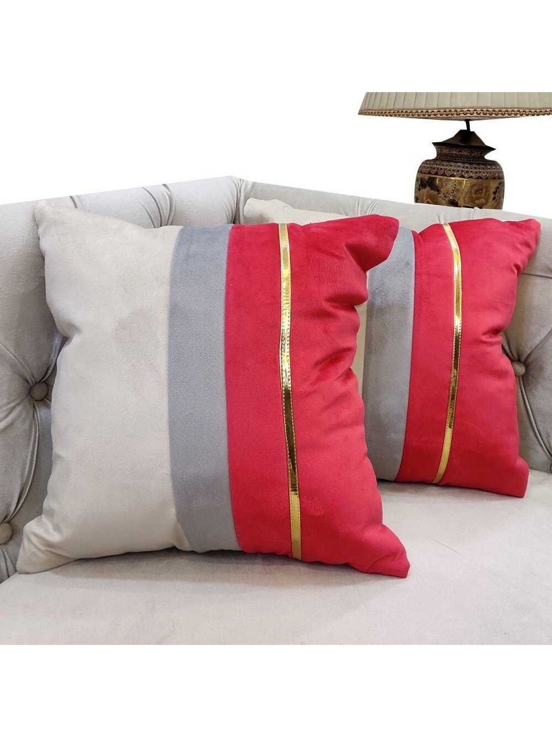 

Good Vibes Beige & Red 2 Pieces Striped Velvet Square Cushion Covers