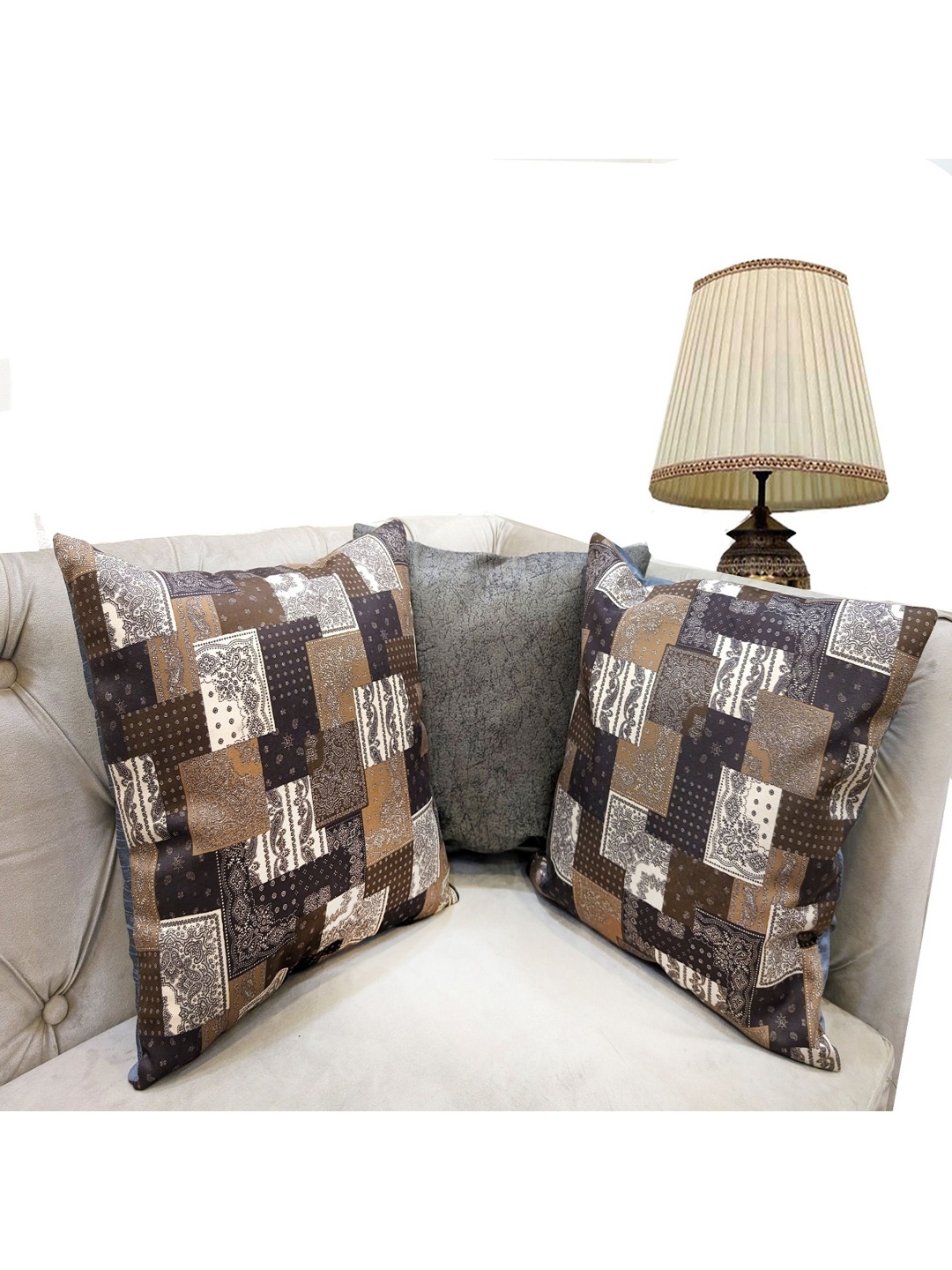 

Good Vibes Brown & White 3 Pieces Checked Velvet Square Cushion Covers