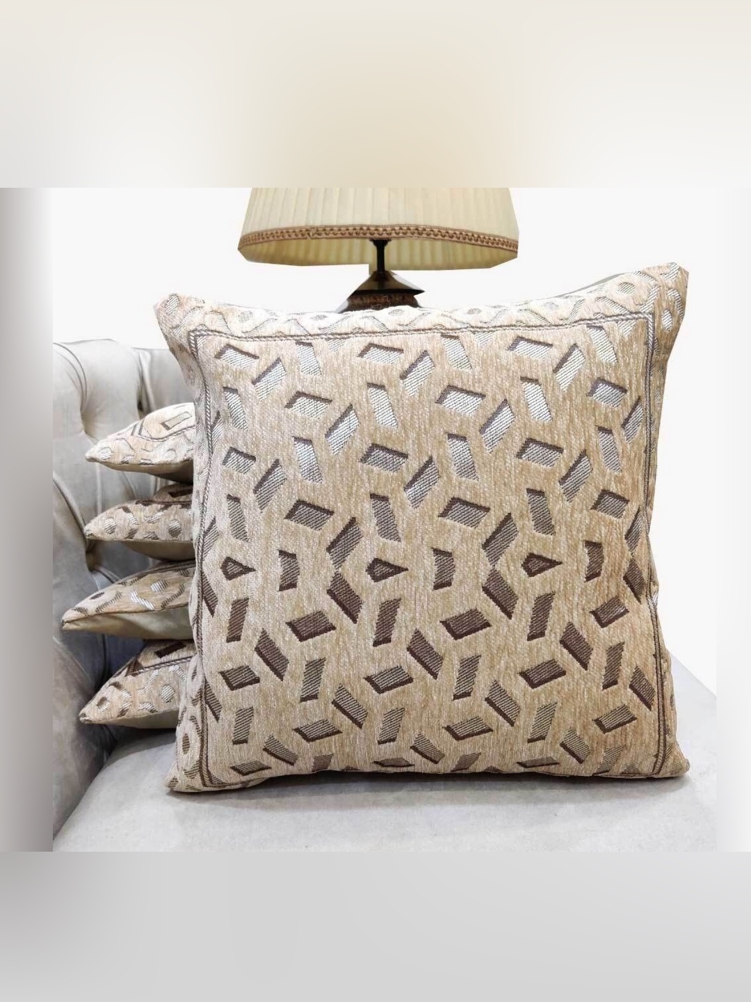 

Good Vibes Beige & Gold-Toned 5 Pieces Embroidered Jacquard Square Cushion Covers