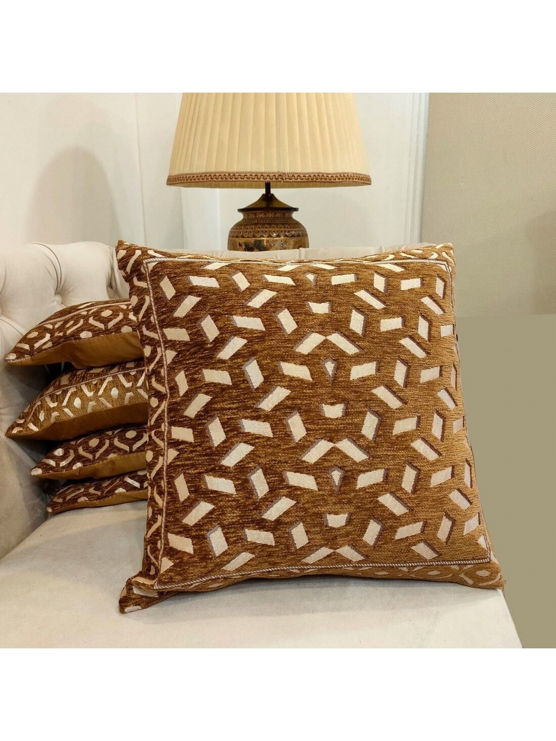 

Good Vibes Brown & Cream-Coloured 5 Pieces Self Design Jacquard Square Cushion Covers