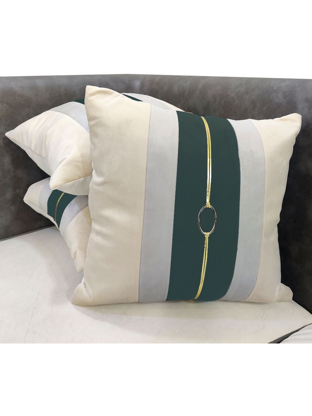 

Good Vibes Beige & Green 3 Pieces Striped Velvet Square Cushion Covers