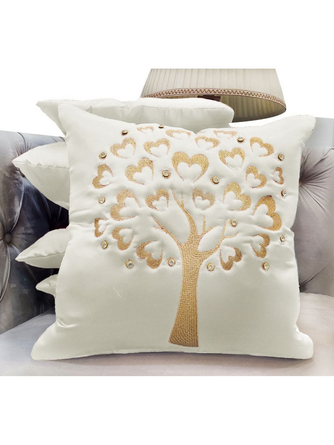 

Good Vibes Cream-Coloured & Beige 5 Pieces Embroidered Velvet Square Cushion Covers