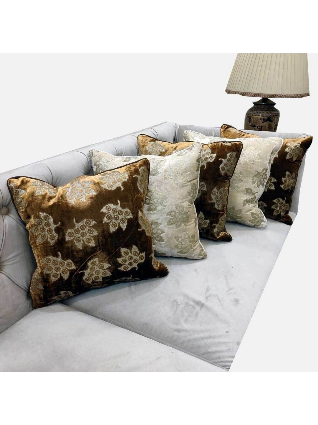 

Good Vibes Brown & Off White 5 Pieces Embroidered Velvet Square Cushion Covers