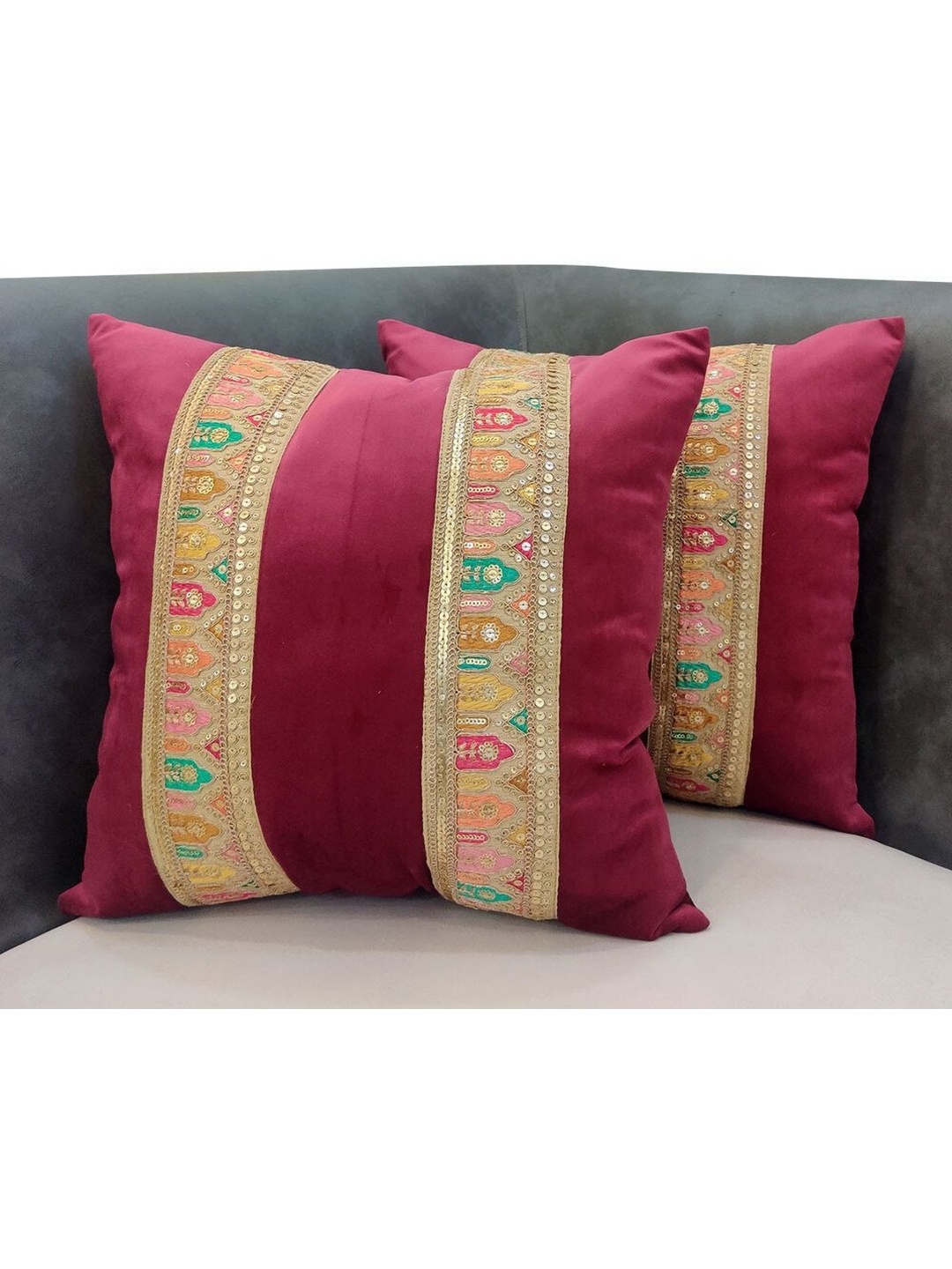 

Good Vibes Maroon & Gold-Toned 2 Embellished Velvet Square Cushion Covers