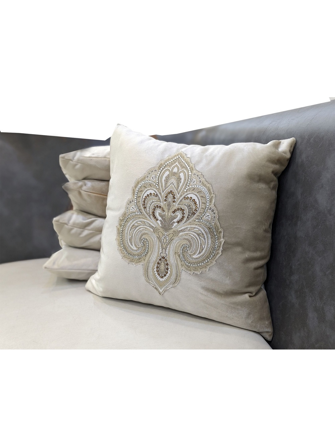 

Good Vibes Beige & Silver-Toned 5 Pieces Embroidered Velvet Square Cushion Covers