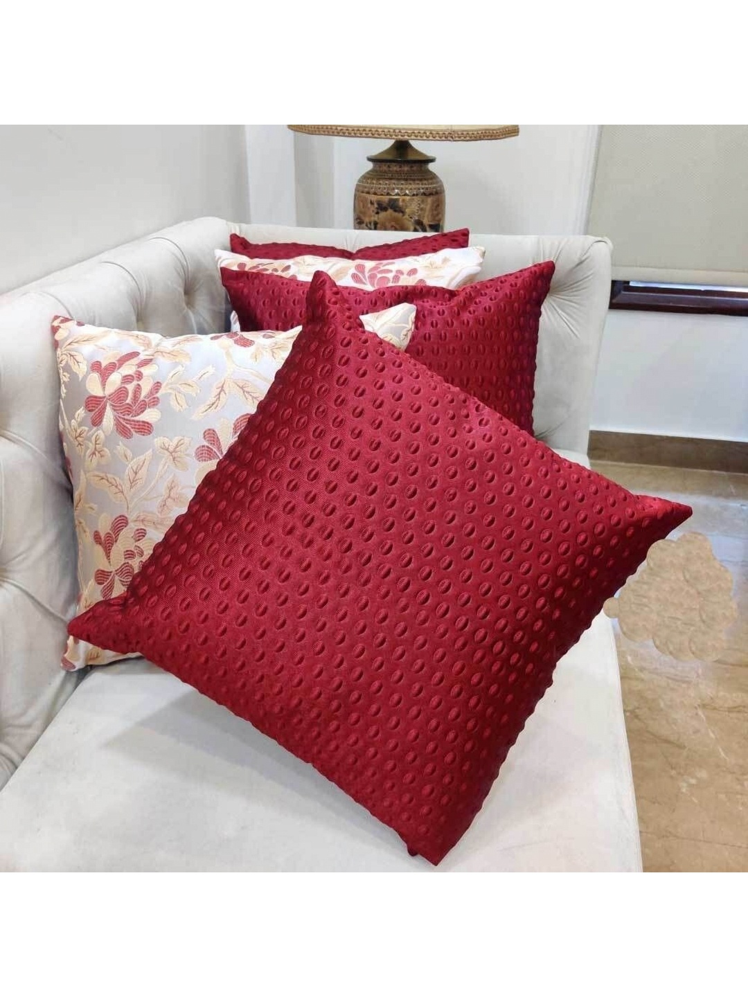 

Good Vibes Maroon & Off White 5 Pieces Self Design Square Cushion Covers