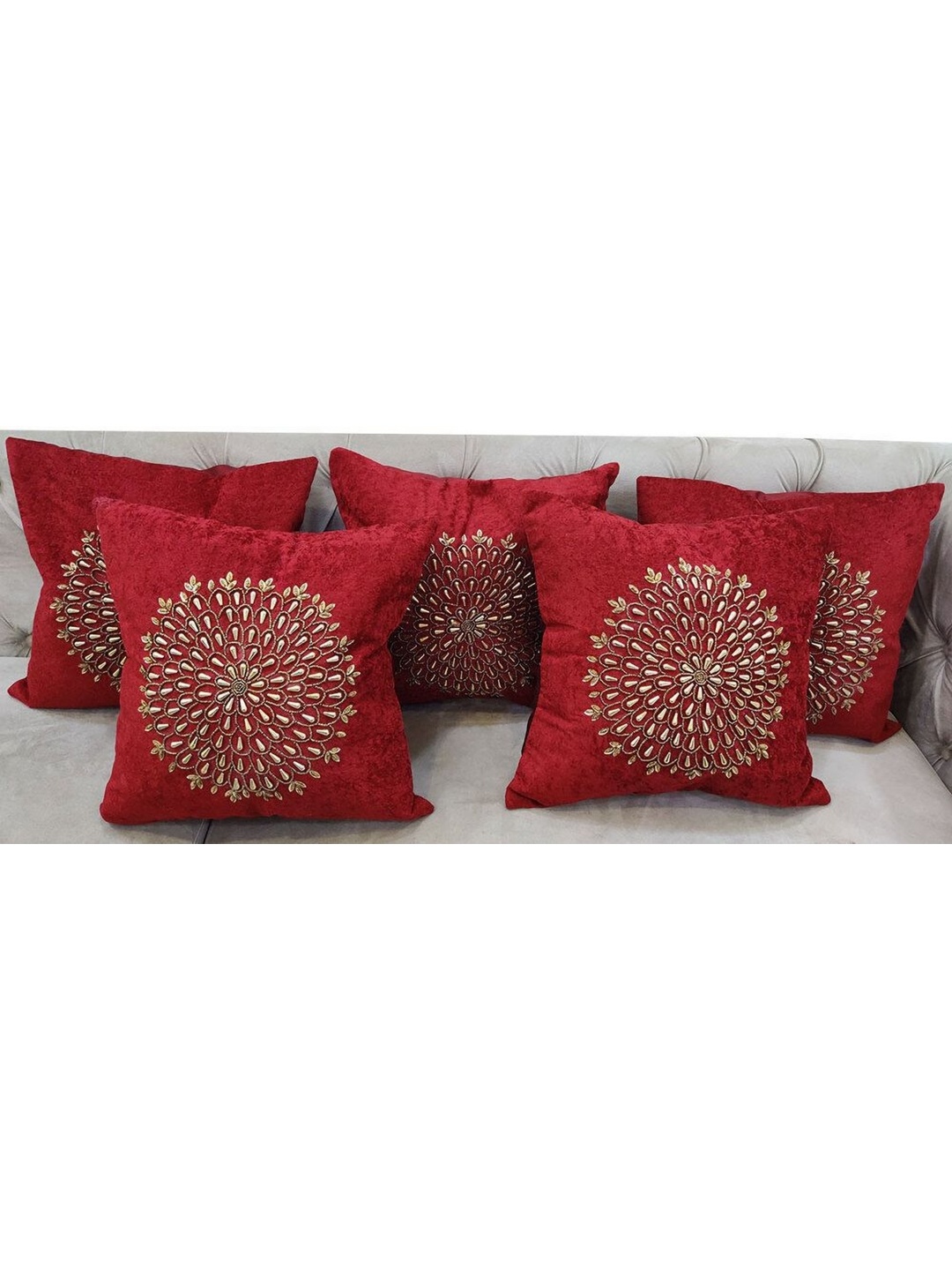 

Good Vibes Maroon & Gold-Toned 5 Pieces Embellished Velvet Square Cushion Covers