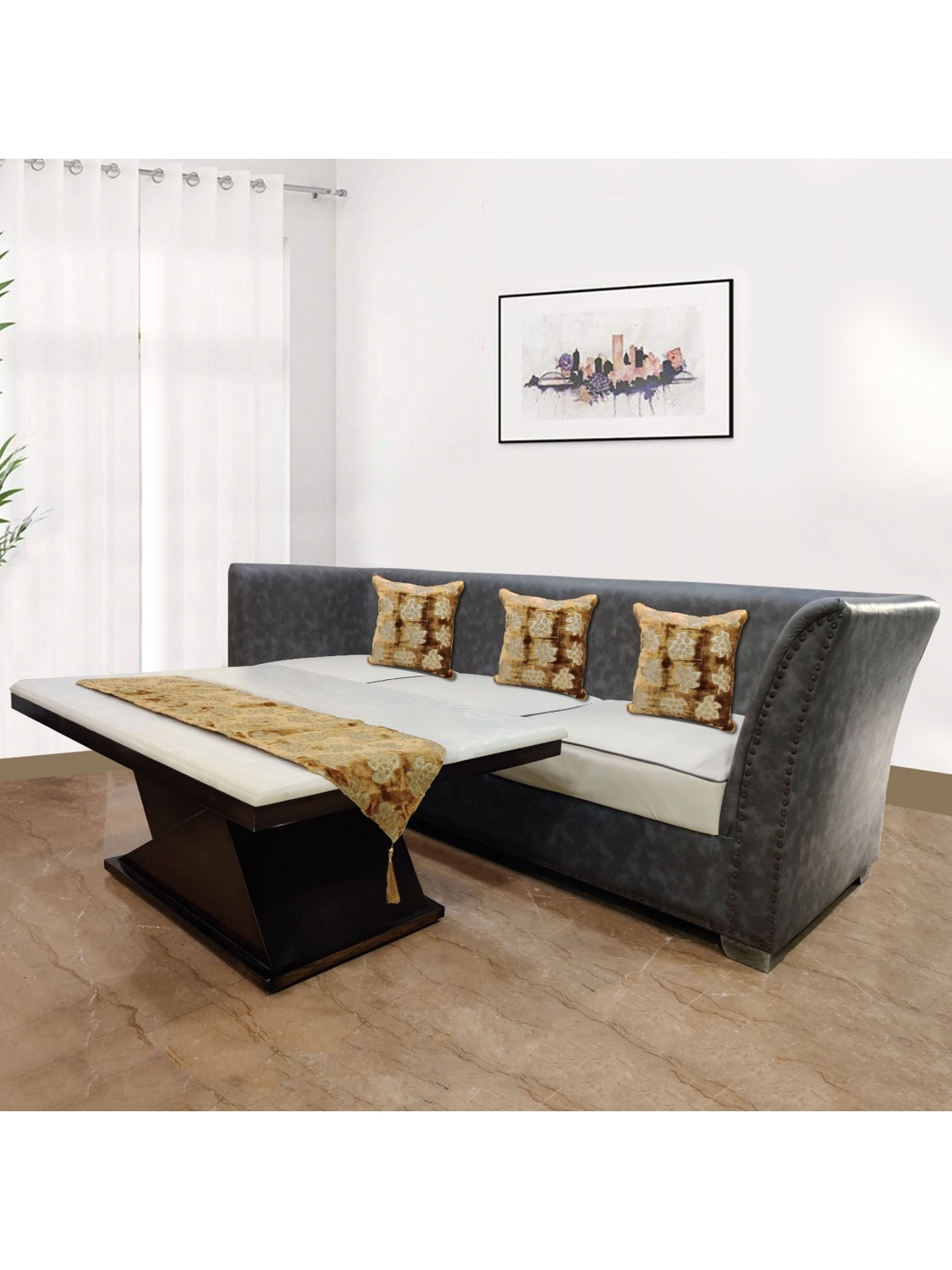 

Good Vibes Brown & Gold-Toned 3 Pieces Self Design Velvet Square Cushion Covers