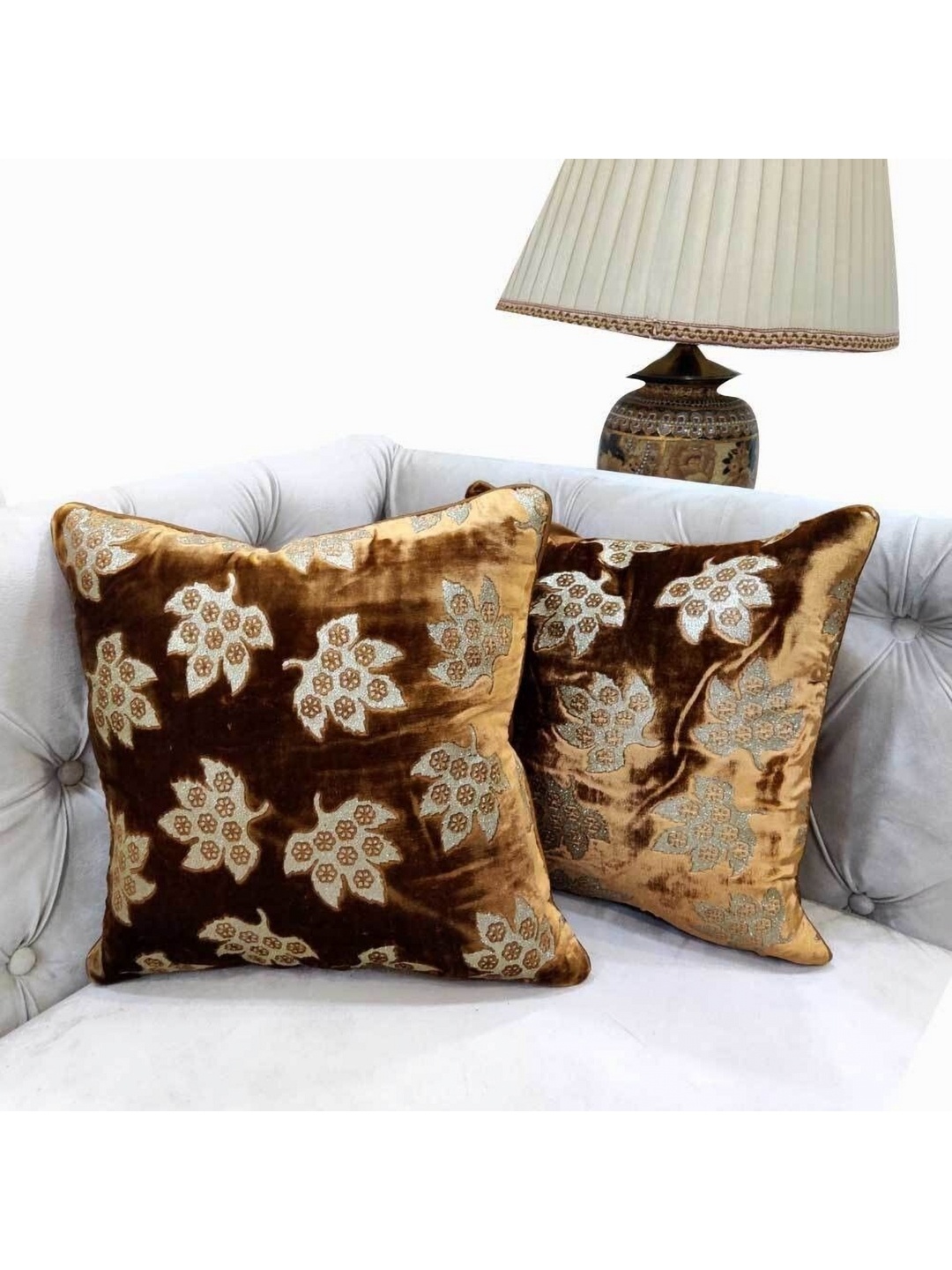 

Good Vibes Brown & Cream-Coloured 2 Pieces Floral Velvet Square Cushion Covers