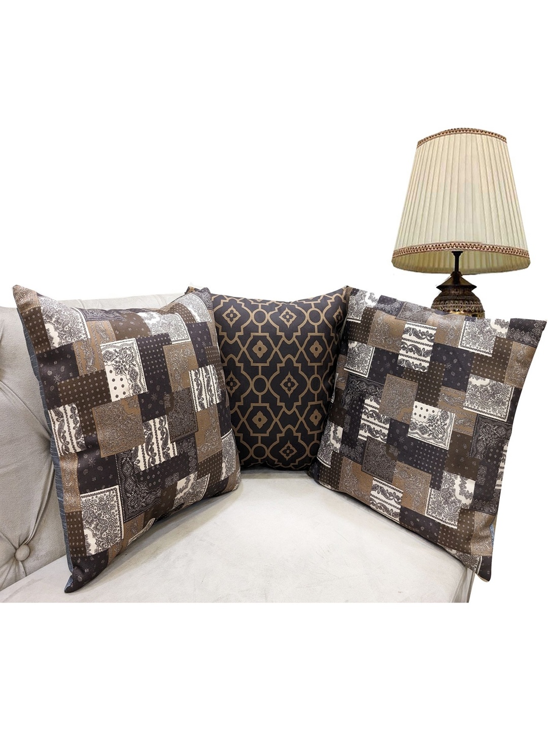 

Good Vibes Brown & Beige 3 Pieces Geometric Velvet Square Cushion Covers