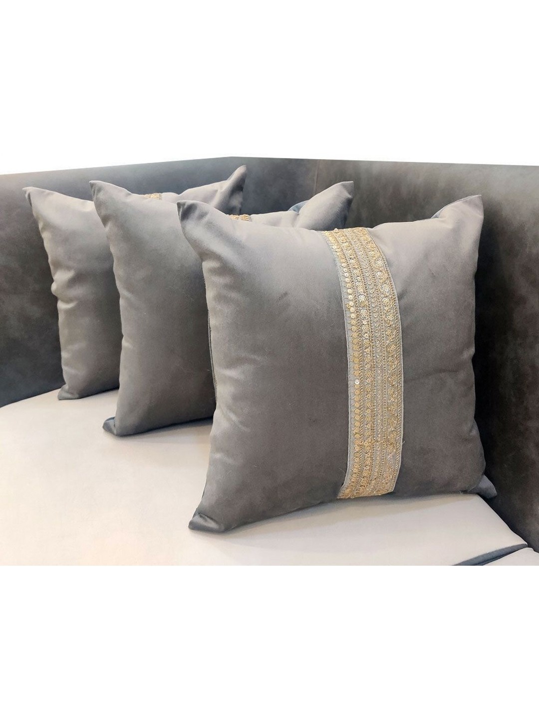 

Good Vibes Grey & Gold-Toned 3 Pieces Embellished Velvet Square Cushion Covers