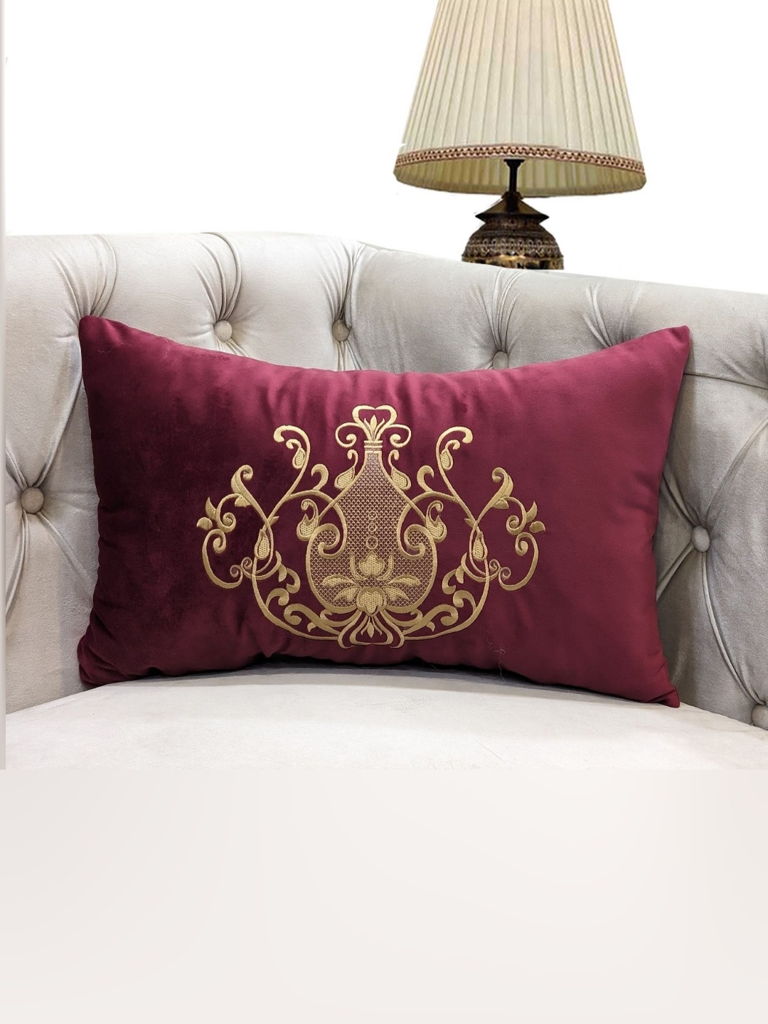 

Good Vibes Maroon & Gold-Toned Embroidered Velvet Rectangle Cushion Cover