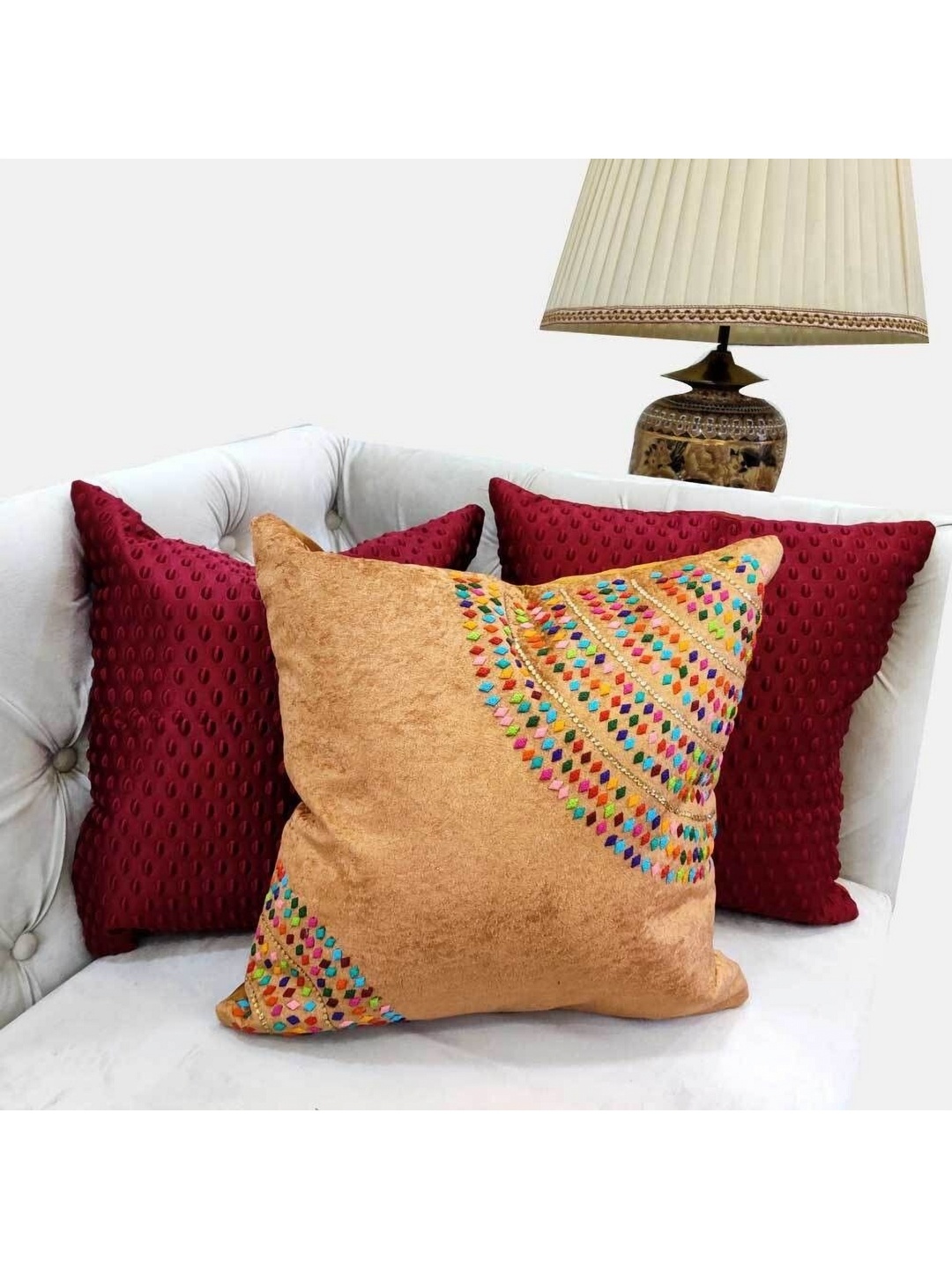 

Good Vibes Brown & Maroon 3 Pieces Embellished Velvet Square Cushion Covers