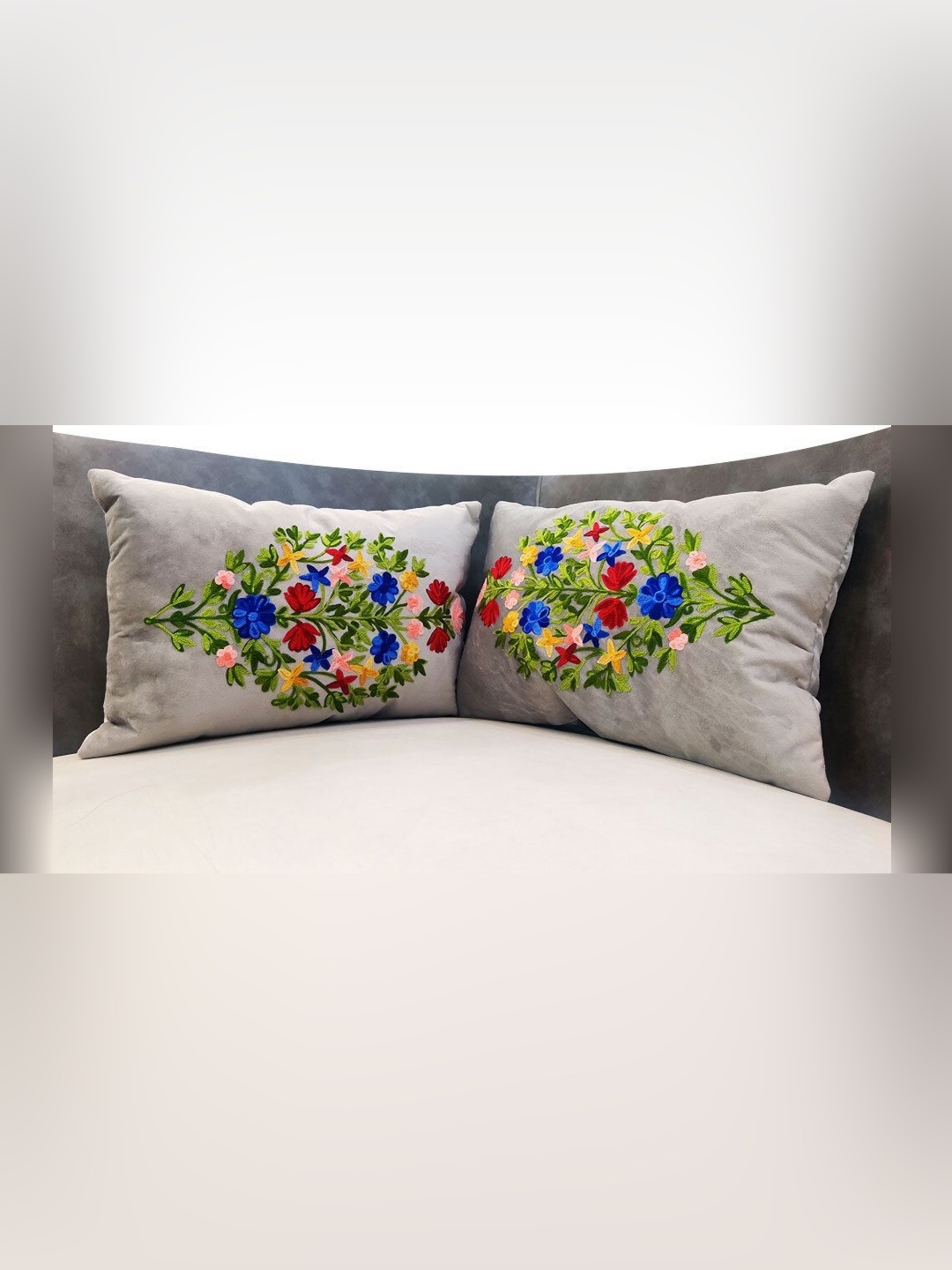 

Good Vibes Grey & Green 2 Pieces Embroidered Velvet Rectangle Cushion Covers