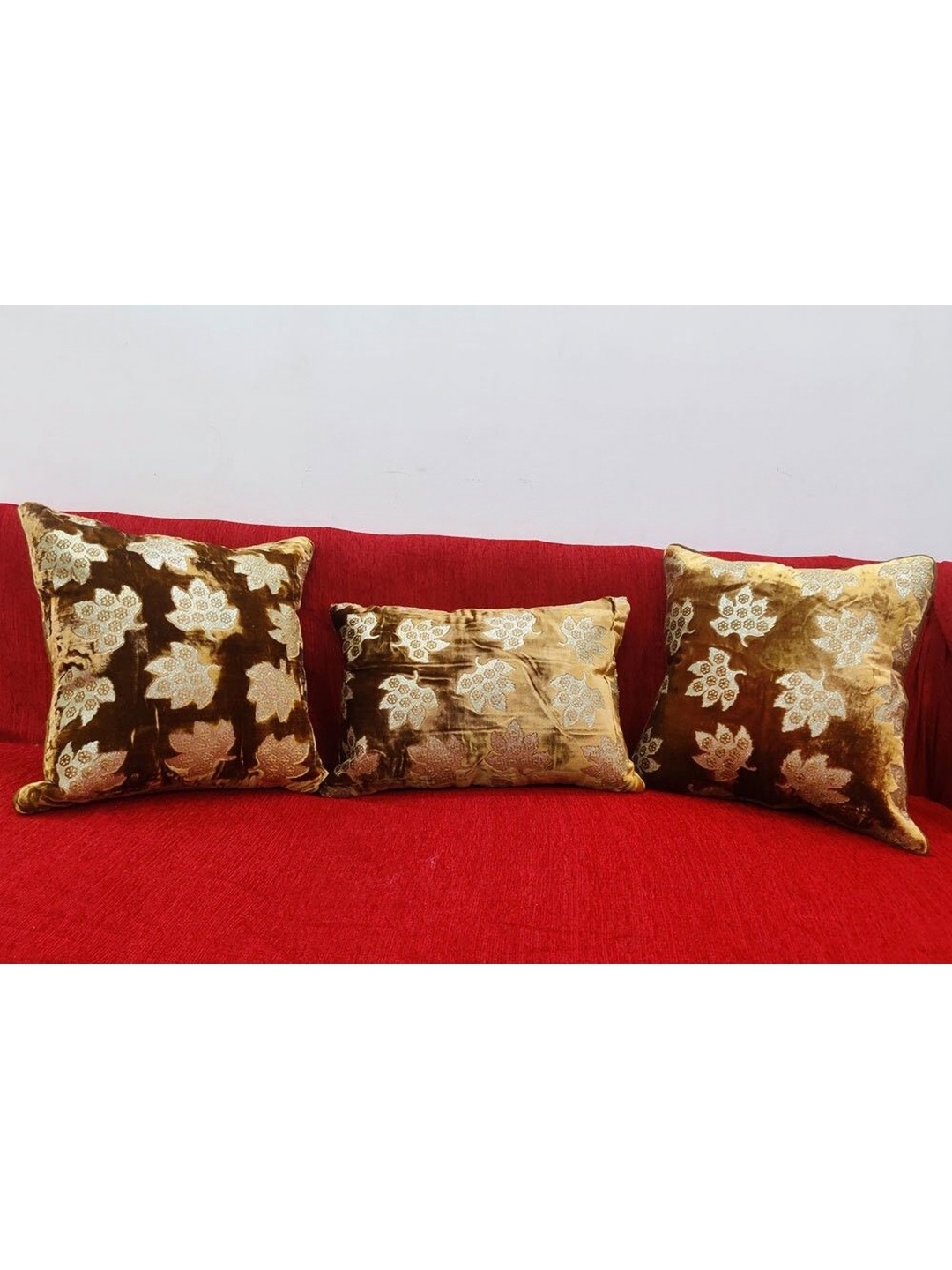 

Good Vibes Brown & Gold-Toned 3 Pieces Embellished Velvet Square Cushion Covers