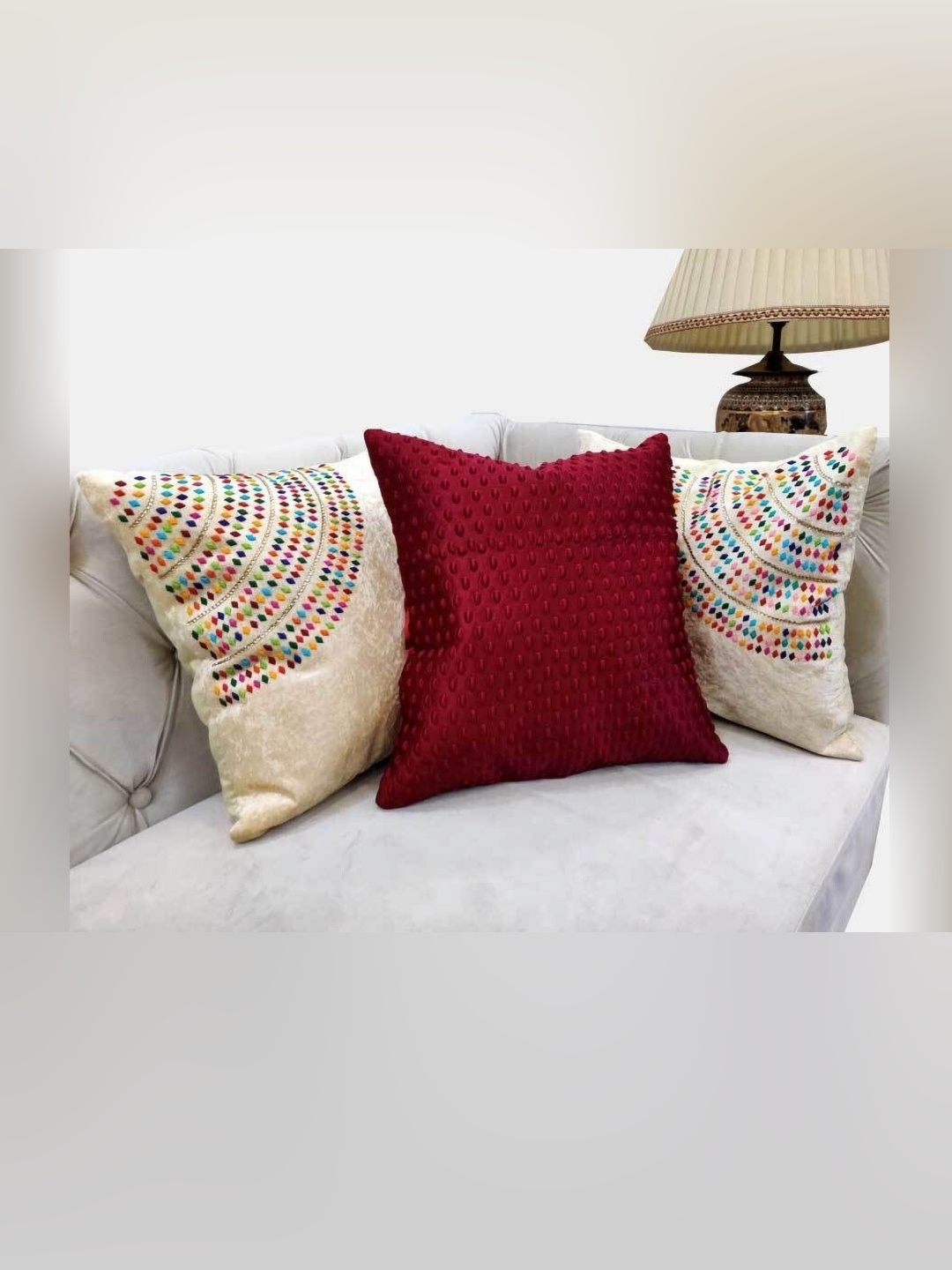 

Good Vibes Beige & Red 3 Pieces Embroidered Velvet Square Cushion Covers