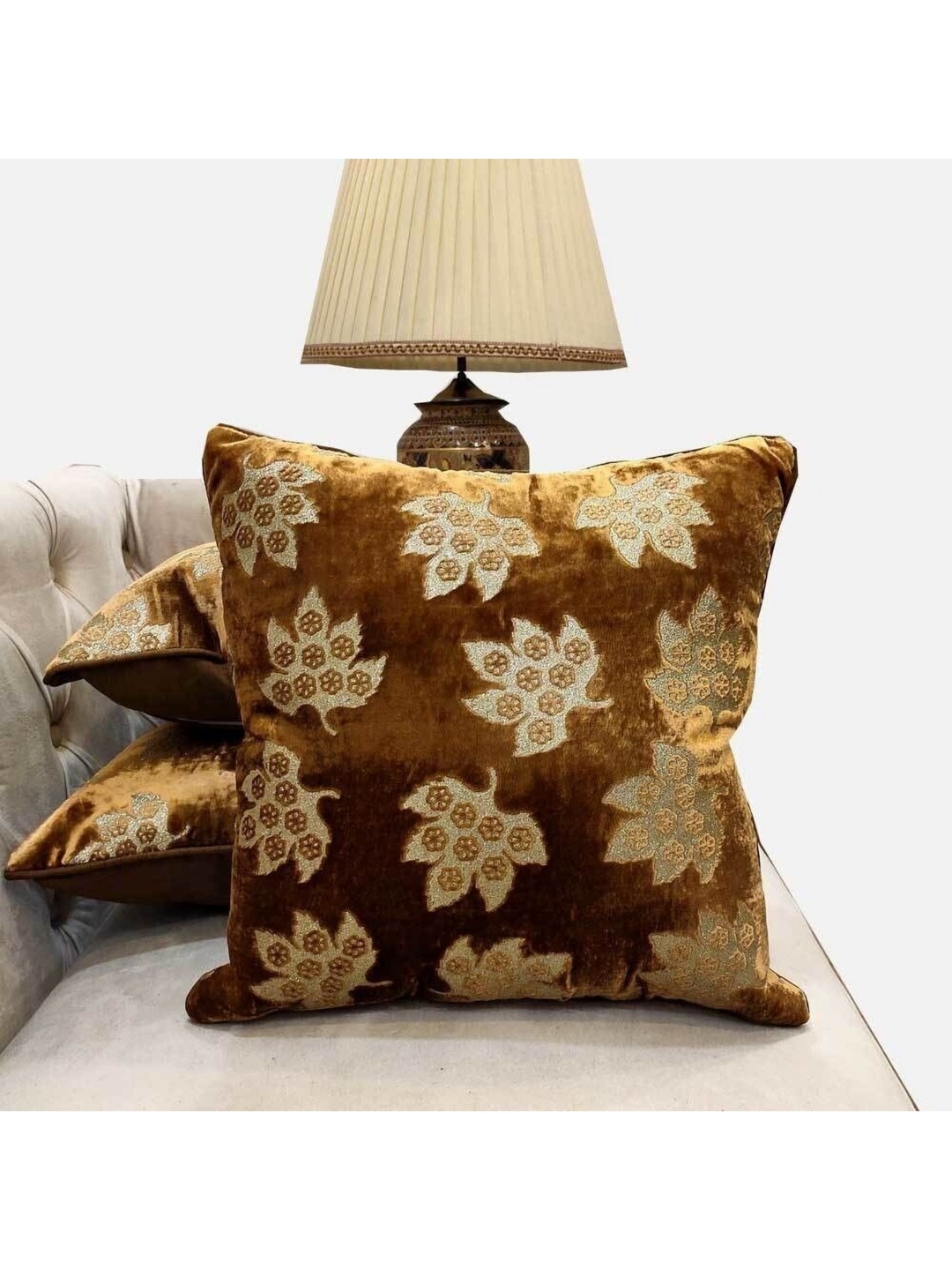 

Good Vibes Brown & Cream-Coloured 3 Pieces Floral Velvet Square Cushion Covers