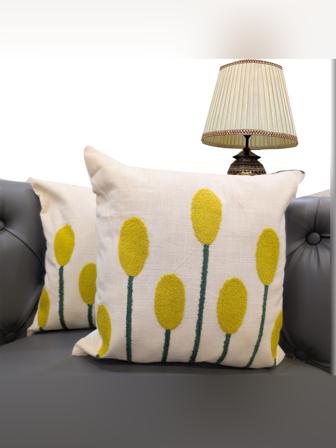 

Good Vibes Cream-Coloured & Yellow 2 Pieces Embroidered Square Cushion Covers