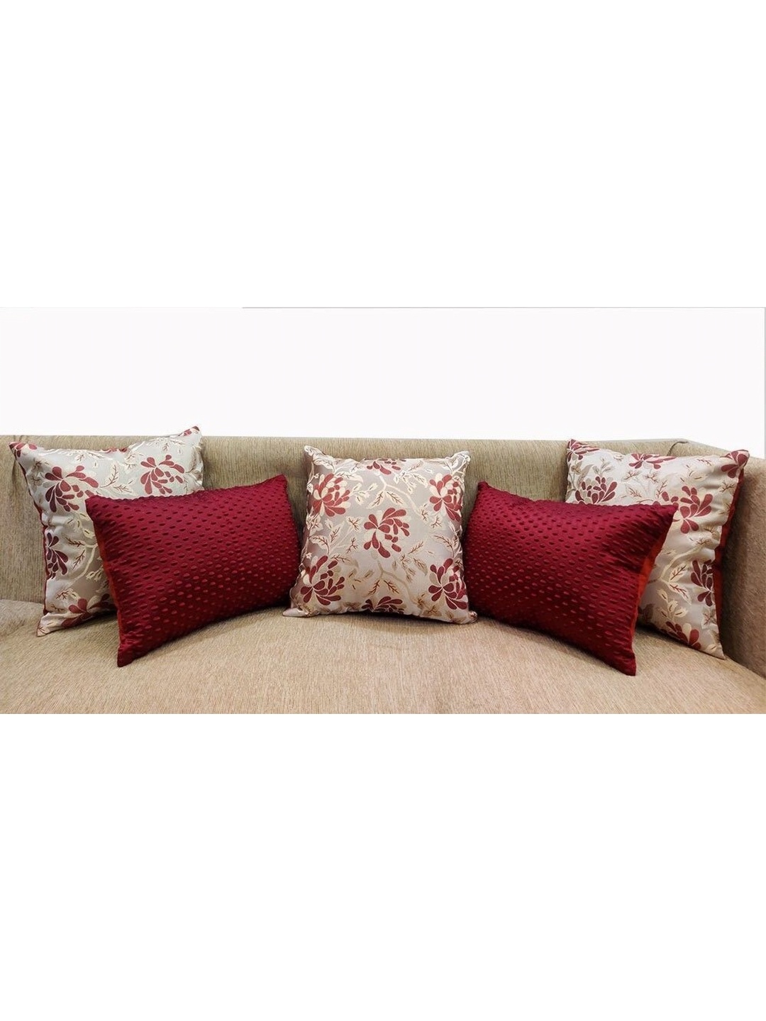 

Good Vibes Maroon & Cream-Coloured 5 Pieces Floral Square Cushion Covers