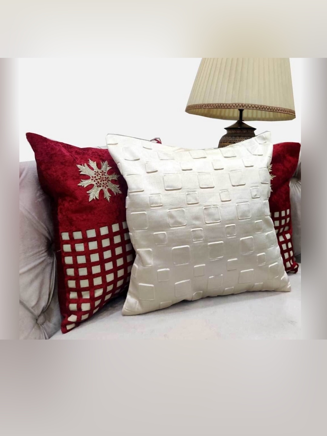 

Good Vibes Red & Cream-Coloured 3 Pieces Geometric Square Cushion Covers