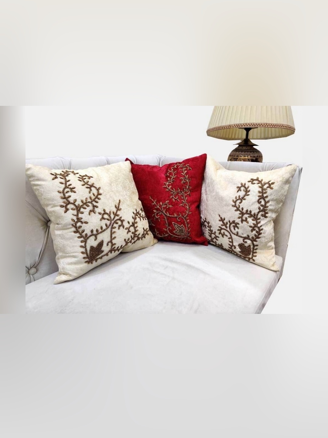 

Good Vibes Red & White 3 Pieces Embellished Velvet Square Cushion Covers