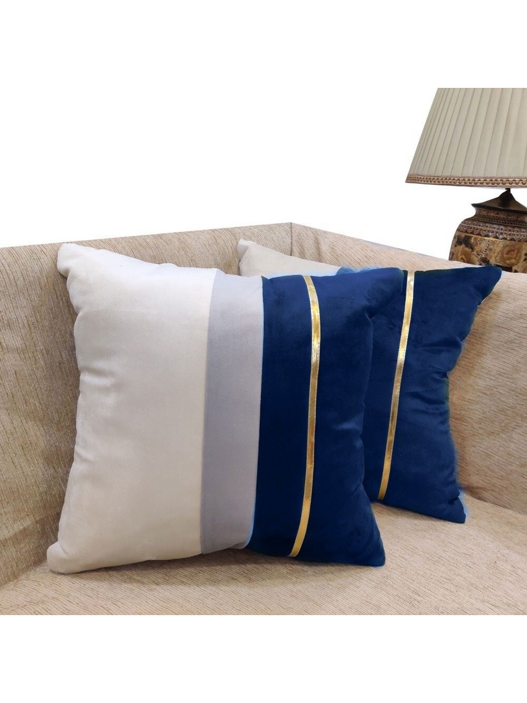 

Good Vibes Blue & Off White 2 Pieces Striped Velvet Square Cushion Covers