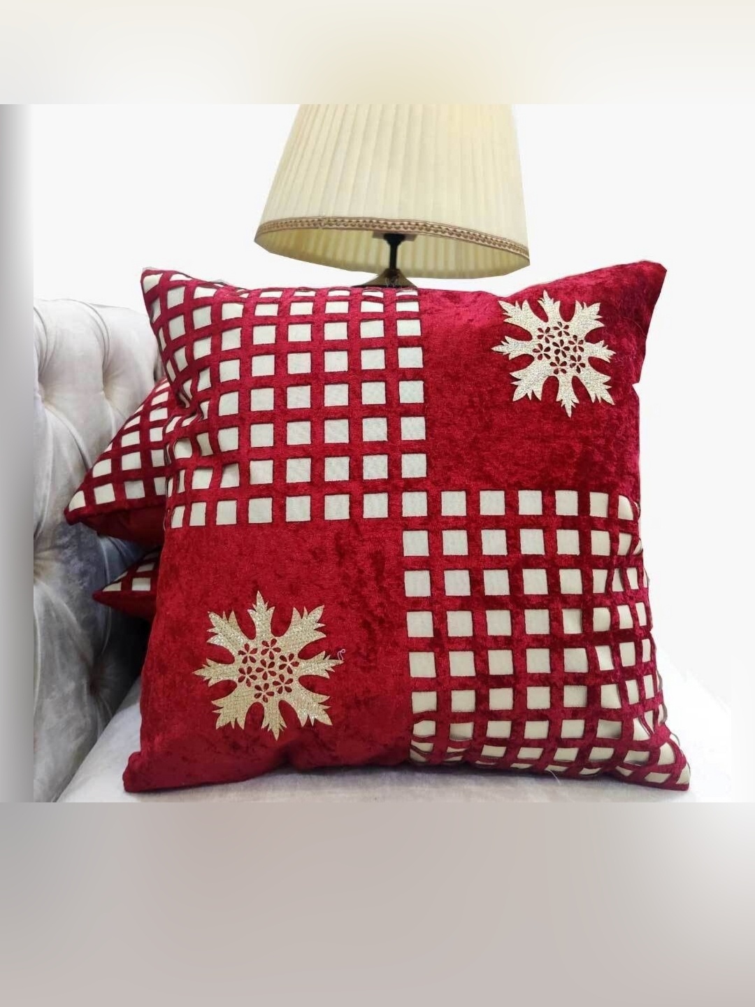 

Good Vibes Red & Cream-Coloured 3 Pieces Embroidered Square Cushion Covers