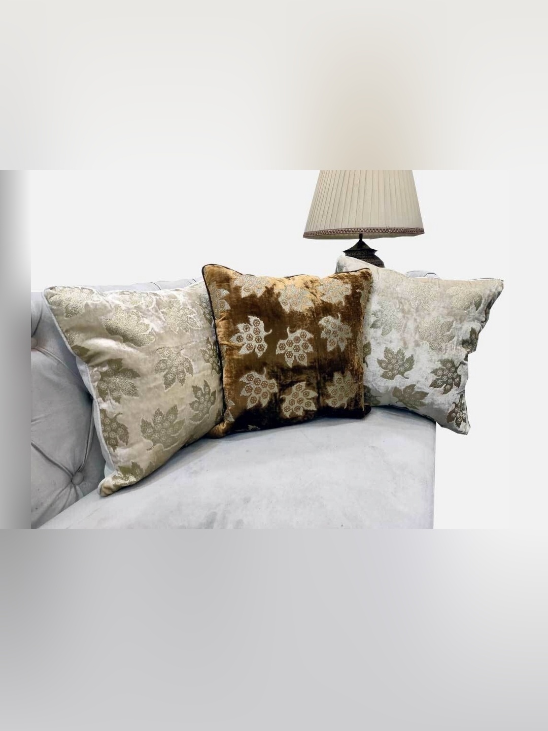 

Good Vibes Silver-Toned & Brown 3 Pieces Embroidered Velvet Square Cushion Covers