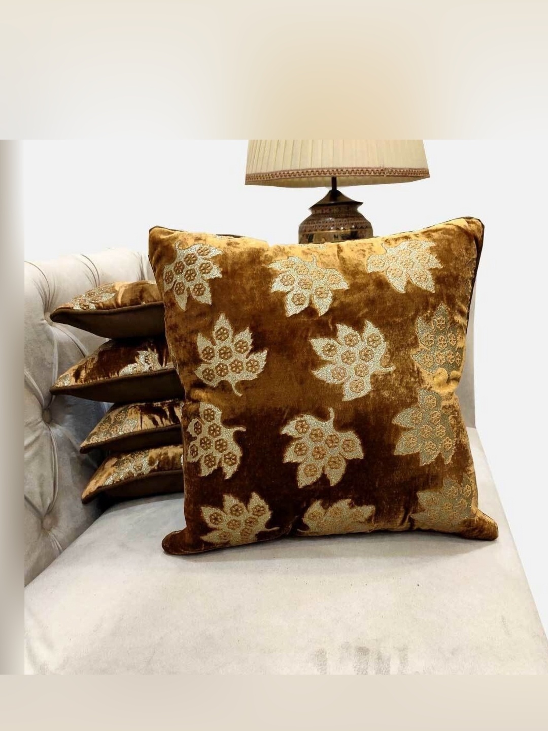

Good Vibes Brown & Cream-Coloured 5 Pieces Embroidered Velvet Square Cushion Covers