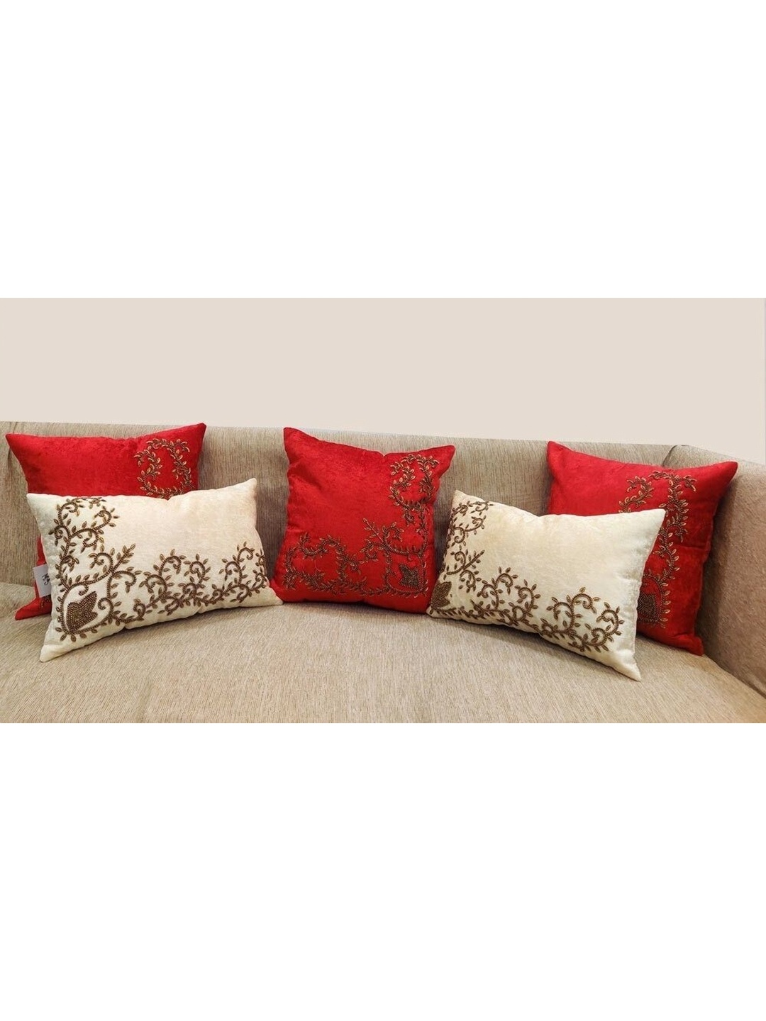 

Good Vibes Red & Cream-Coloured 5 Pieces Embroidered Velvet Rectangle Cushion Covers