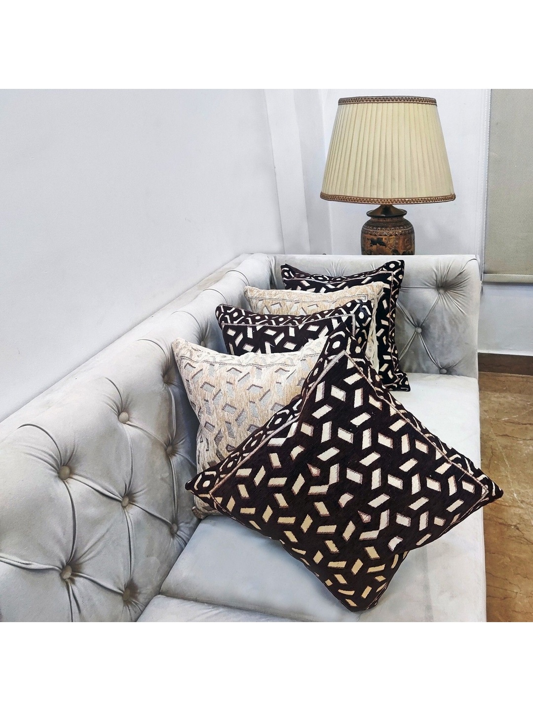 

Good Vibes Brown & Cream-Coloured 5 Pieces Self Design Jacquard Square Cushion Covers