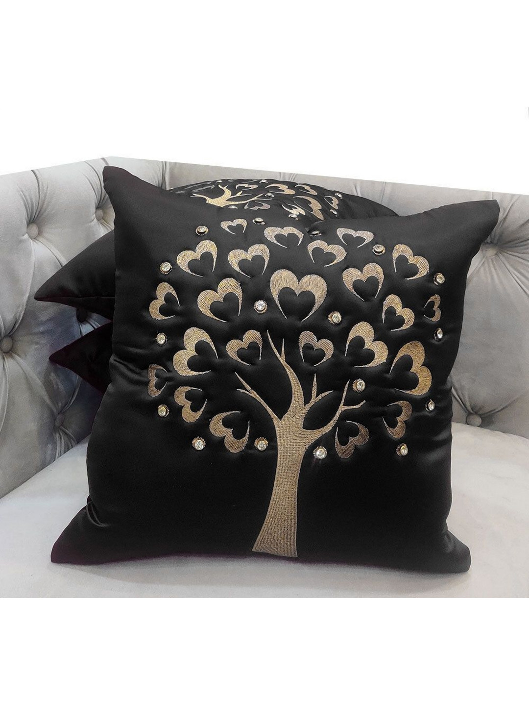 

Good Vibes Black & Gold-Toned 3 Pieces Embellished Velvet Square Cushion Covers