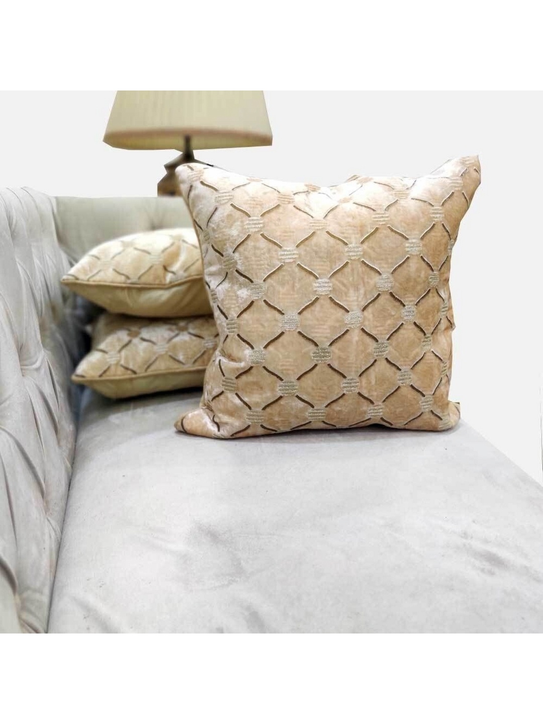 

Good Vibes Beige & Silver-Toned 3 Pieces Self Design Velvet Square Cushion Covers