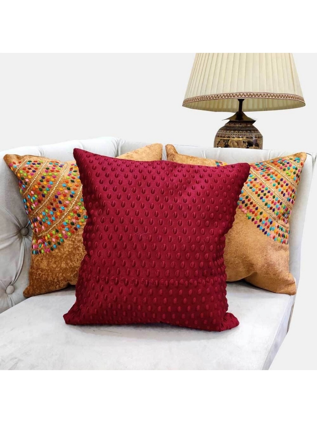 

Good Vibes Brown & Maroon 3 Pcs Embroidered Velvet Square Cushion Covers