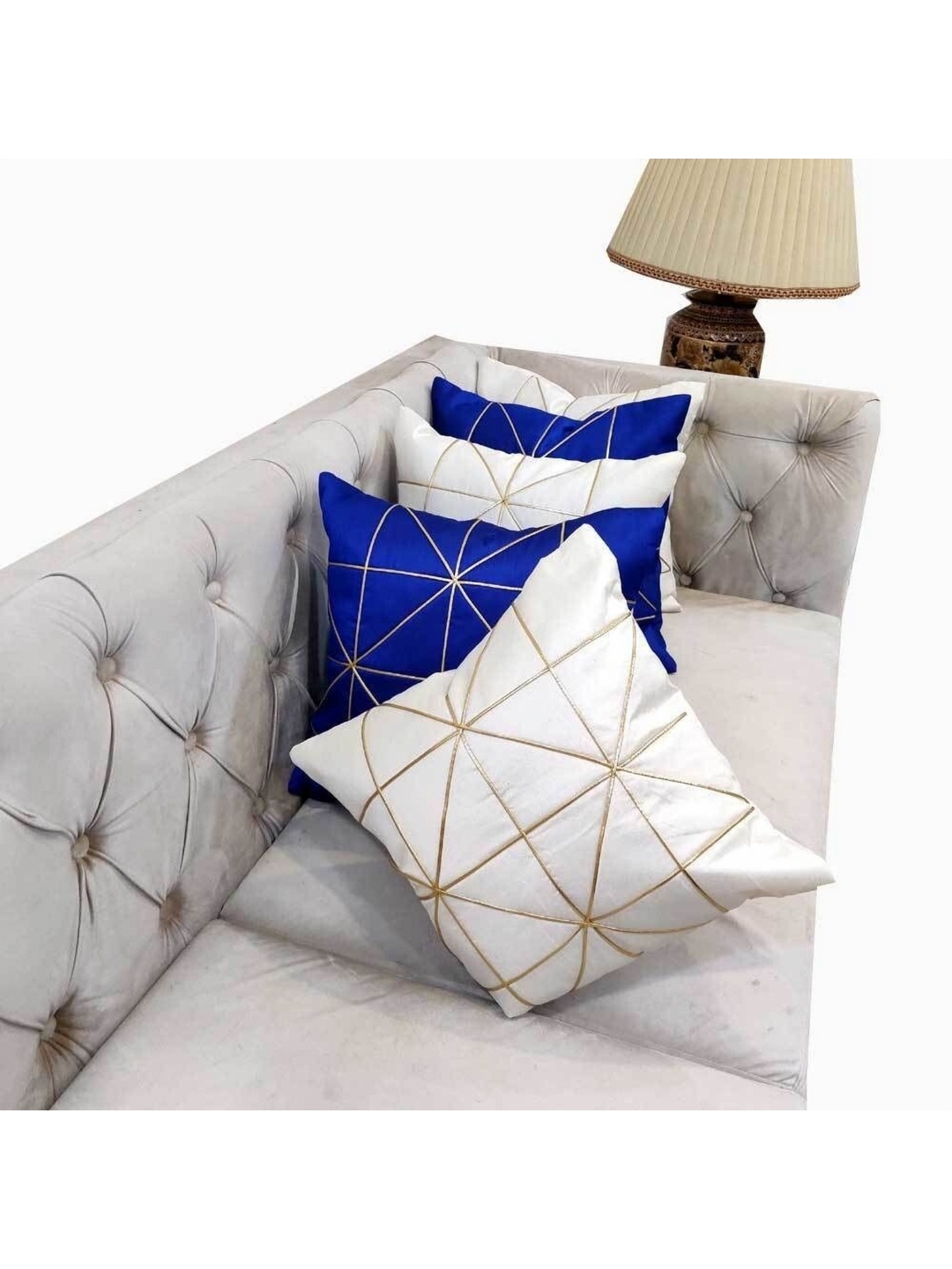 

Good Vibes White & Blue 5 Pieces Geometric Square Cushion Covers