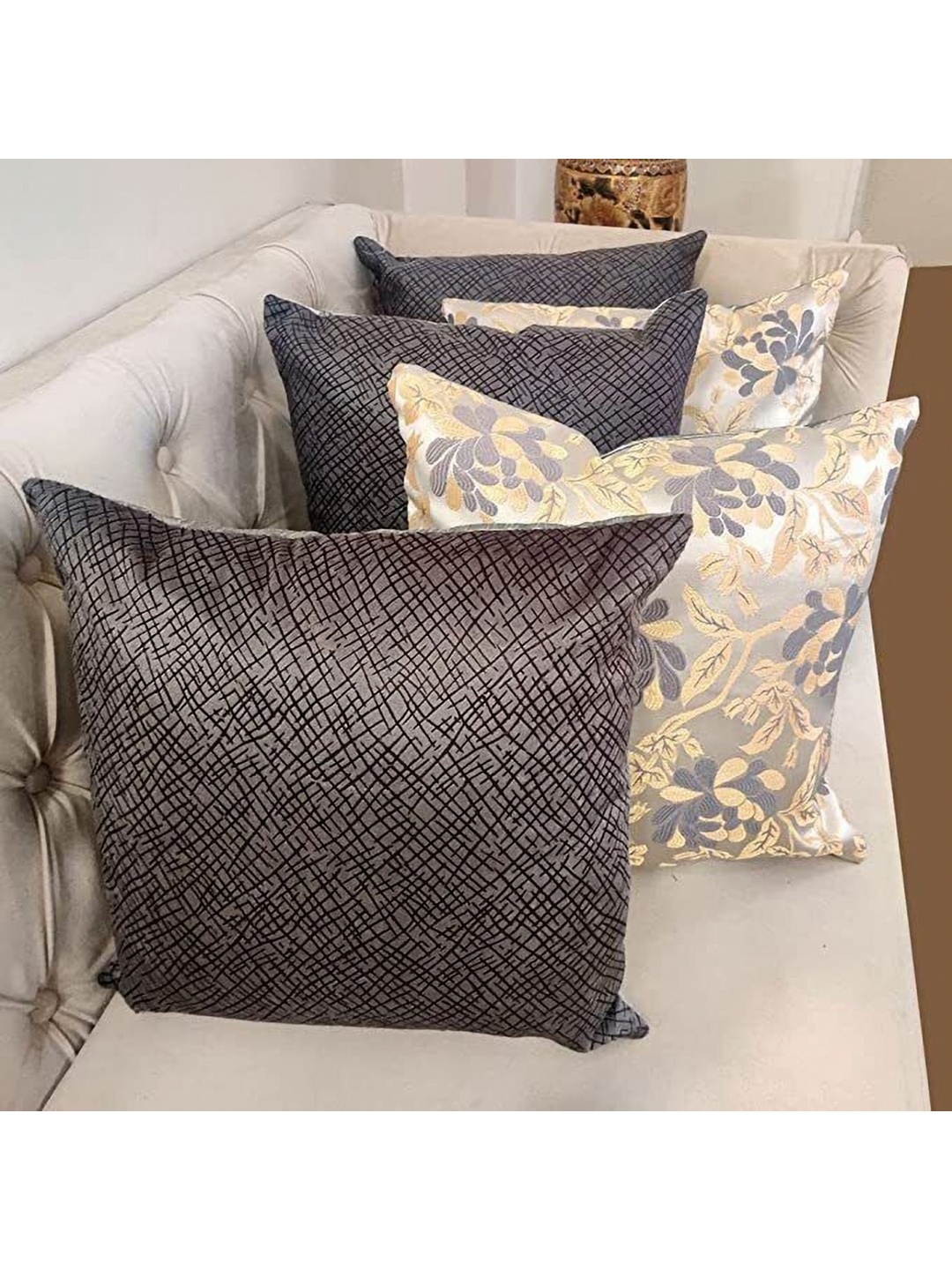 

Good Vibes Cream-Coloured & Gold-Toned 5 Pieces Floral Square Cushion Covers