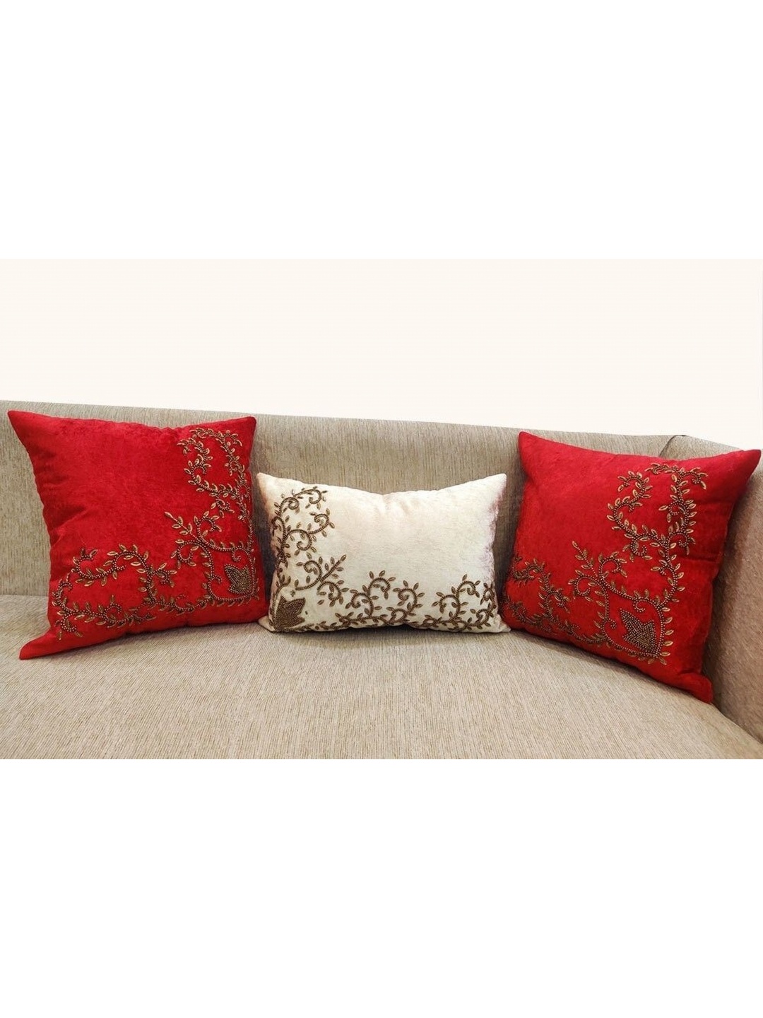 

Good Vibes Cream-Coloured & Red Set of 3 Embroidered Velvet Square Cushion Covers