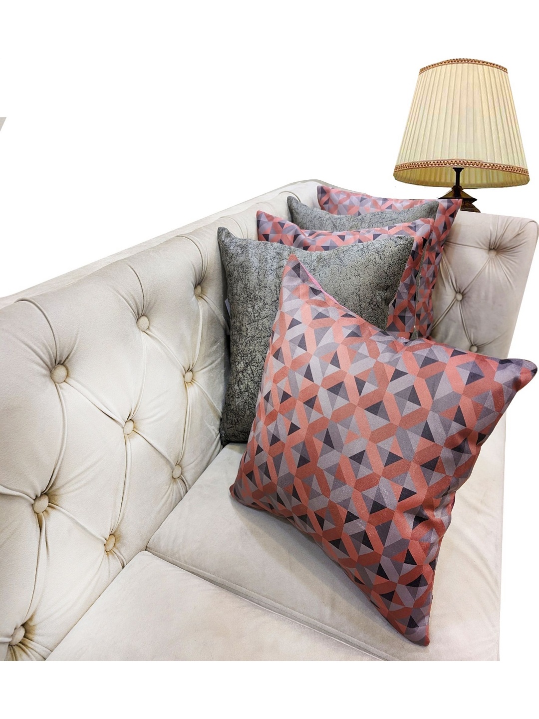 

Good Vibes Pink & Grey Set of 5 Geometric Velvet Square Cushion Covers